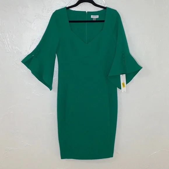 Calvin Klein Dresses Calvin Klein Bell Sleeves Pentagon Neckline Emerald Green Midi Dress Size Nwt Poshmark